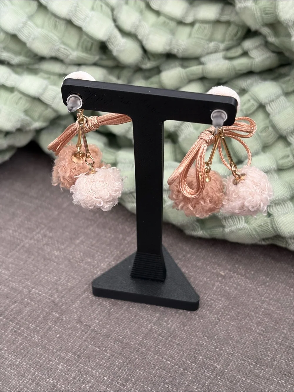 Pink Bow Double Pom-Pom Statement Dangle Earrings